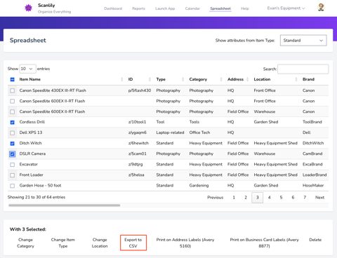Scanlily screenshot: Spreadsheet view of inventory items