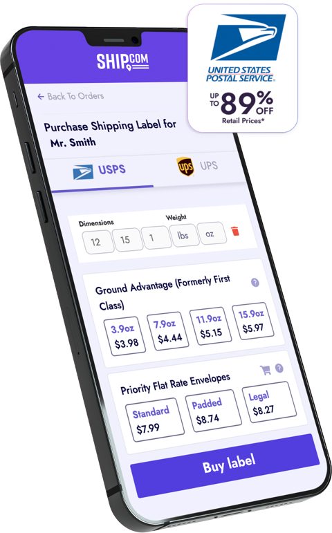 Ship.com screenshot: Mobile app label purchase with rate options