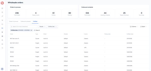 ShipHero screenshot: Wholesale orders overview and fulfilled list
