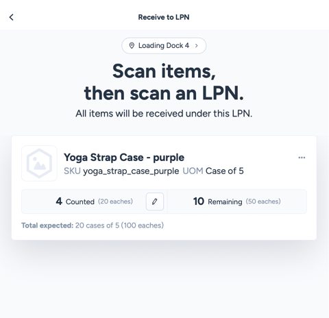 ShipHero screenshot: Receive to LPN scanning screen