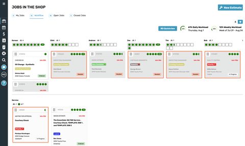 Shop-Ware screenshot: Jobs in the shop workflow board