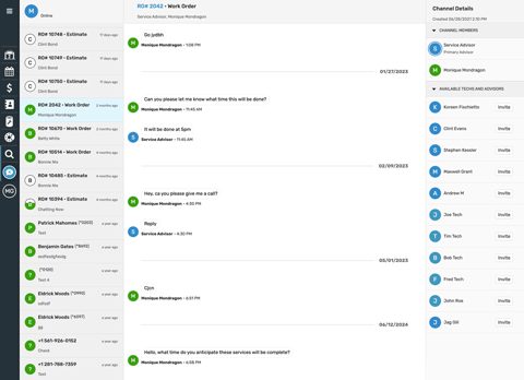 Shop-Ware screenshot: Messenger texting inside a repair order