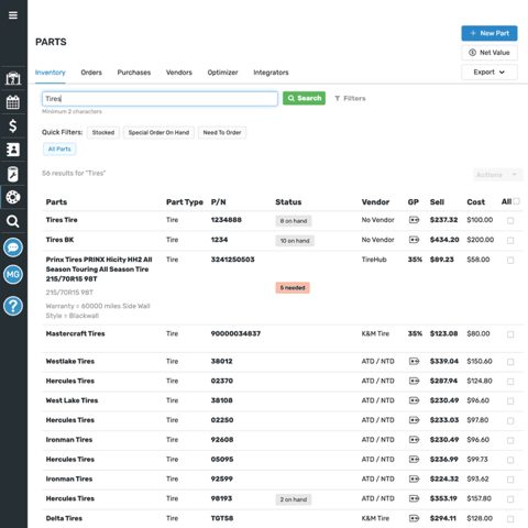 Shop-Ware screenshot: Parts inventory list