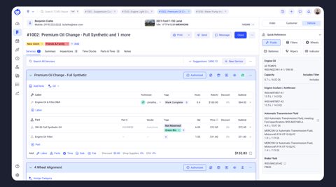 Shopmonkey screenshot: Work order with services and parts