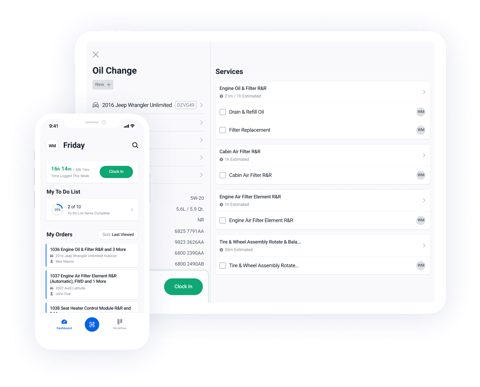 Shopmonkey screenshot: Oil change order on desktop and mobile
