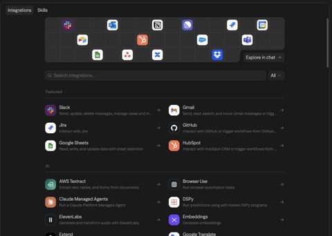 Sim screenshot: Integrations list