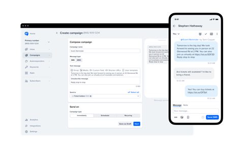 SimpleTexting screenshot: Campaign composer on desktop and phone