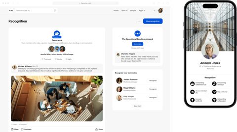 Simpplr screenshot: Recognition page on desktop and mobile