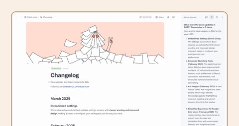 Slite screenshot: Changelog doc in the editor