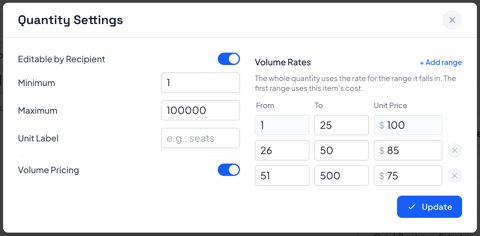 Smart Pricing Table screenshot: Volume pricing quantity settings