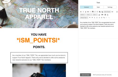 Smile.io screenshot: Email editor with points data