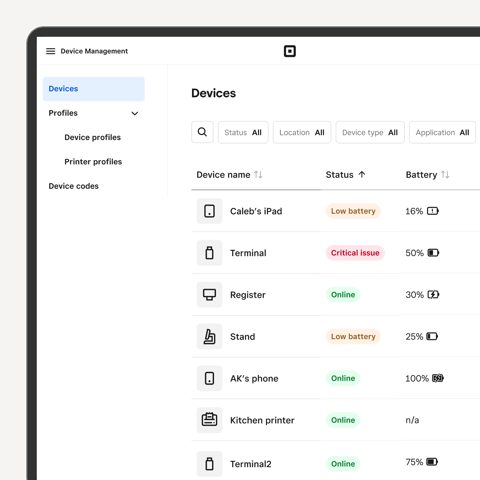 Square for Restaurants screenshot: Device management list with status and battery