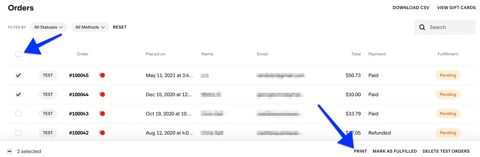 Squarespace screenshot: Orders list in the commerce panel