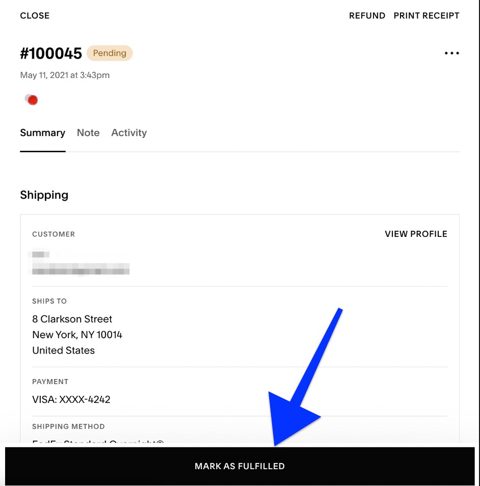 Squarespace screenshot: Order details with fulfillment button