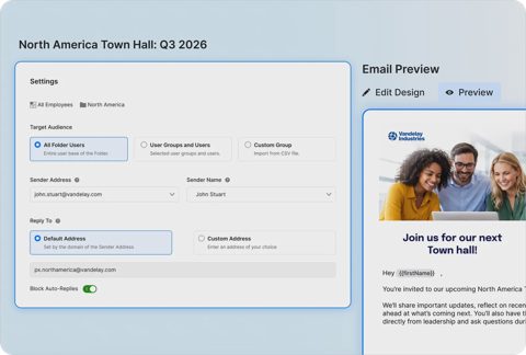 Staffbase screenshot: Email send settings with audience and preview