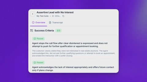 Synthflow screenshot: Call test results with success criteria