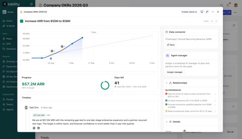 Tability screenshot: Key result check-in with progress chart