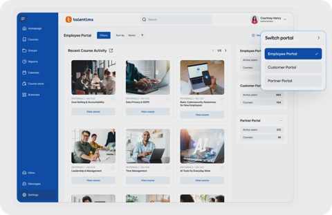 TalentLMS screenshot: Course catalog with portal switcher