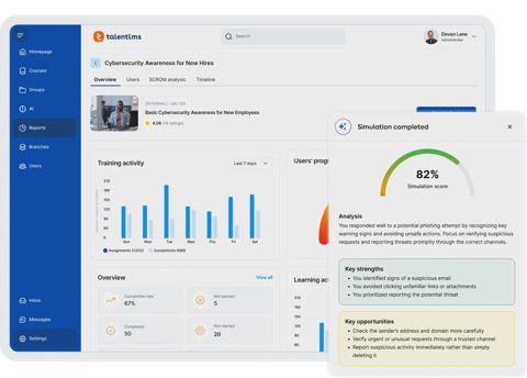 TalentLMS screenshot: Course reports and training activity