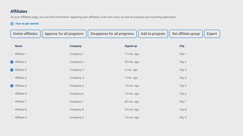 Tapfiliate screenshot: Affiliates list with bulk actions