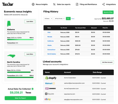 TaxJar screenshot: Nexus insights and filing history