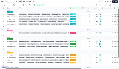 Teable screenshot: Project grid view with grouped tasks