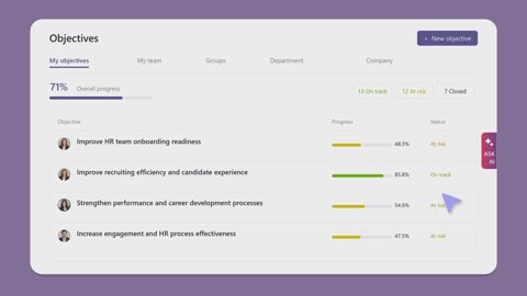 Teamflect screenshot: Objectives list with progress