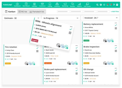 AutoLeap screenshot: Kanban work board