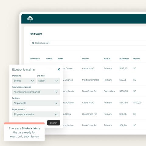 Tebra screenshot: Electronic claims search