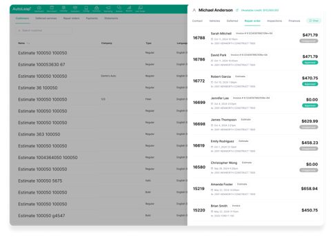 AutoLeap screenshot: Estimates list with detail panel