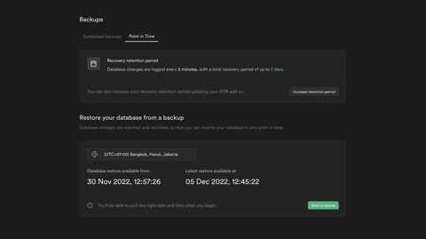 Supabase screenshot: Point-in-time backups dashboard