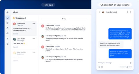 Tidio screenshot: Inbox with chat widget preview