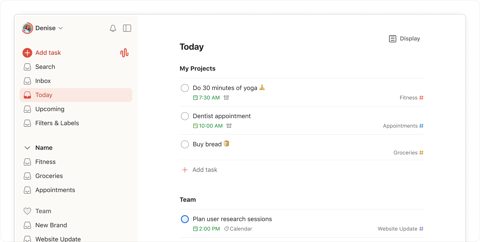 Todoist screenshot: Today view with project sidebar