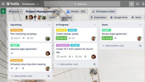Trello screenshot: Project board with labeled cards