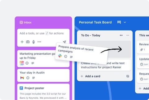 Trello screenshot: Inbox next to a board