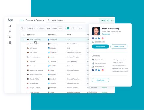 UpLead screenshot: Contact profile panel over search results
