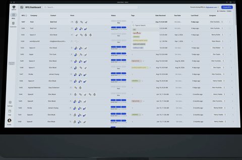 Uptool screenshot: RFQ dashboard with status and tags
