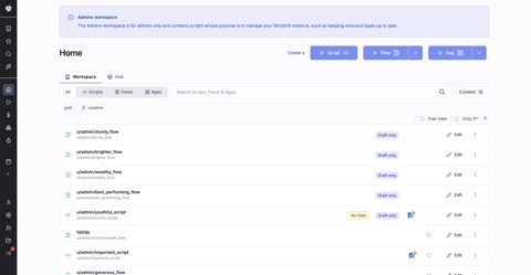 Windmill screenshot: Workspace home with scripts and flows