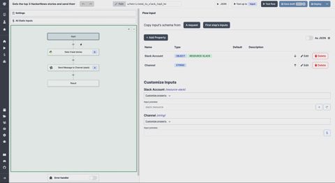 Windmill screenshot: Flow editor with step settings