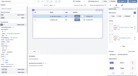Windmill screenshot: App builder with data table
