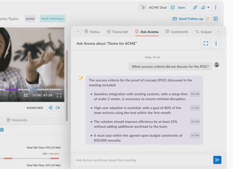 Avoma screenshot: Ask Avoma about a meeting