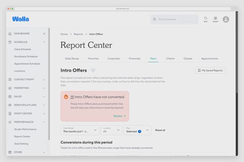 Walla screenshot: Report center for intro offers