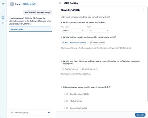 WorkBoard screenshot: AI assistant drafting OKRs