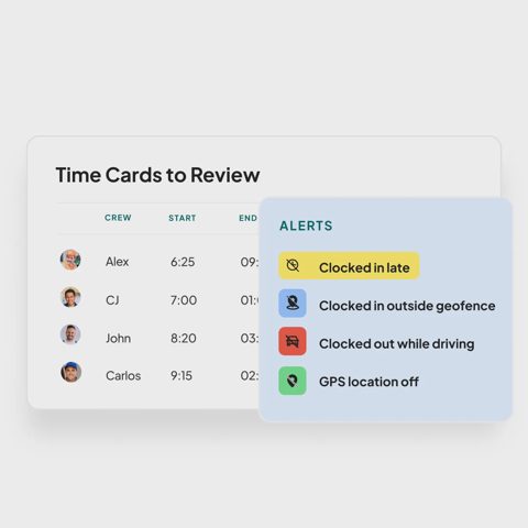 Workyard screenshot: Time cards to review with alerts