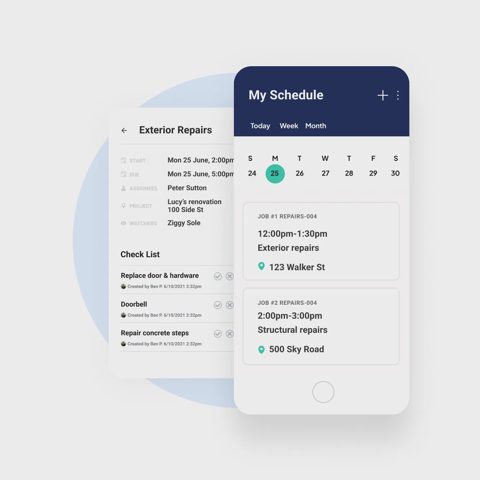 Workyard screenshot: Mobile schedule and job details