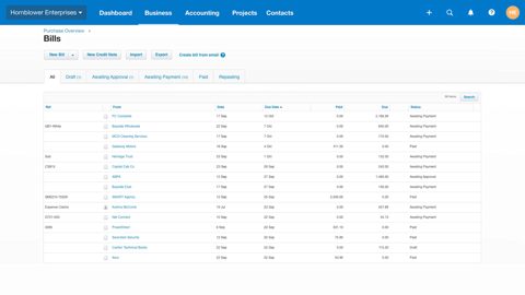 Xero screenshot: Bills awaiting payment list