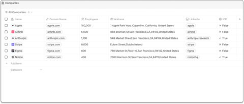 Twenty screenshot: Companies table view