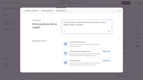 Typeform screenshot: Create a form with AI dialog