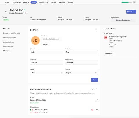 ZITADEL screenshot: User profile and contact details page