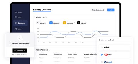 Zoho Books screenshot: Banking overview with imported statements